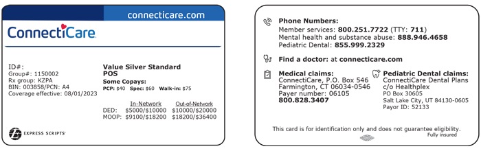 A sample member ID card (front and back) of the ConnectiCare Value Silver Standard POS Plan